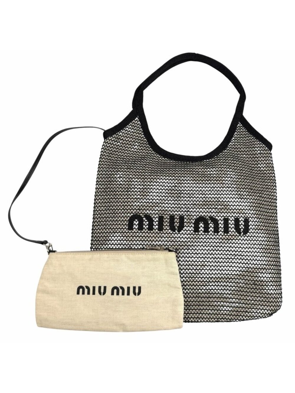 Miu Miu Ivy Nero Natural Logo Design Raffia Mesh Tote
